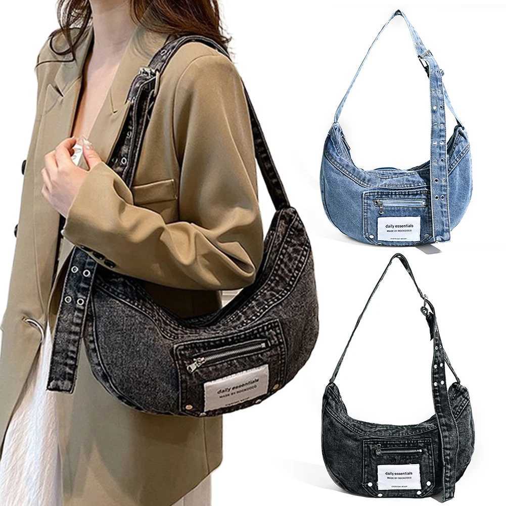 Denim Shoulder Bag Adjustable Strap Women Crescent Dual Pockets Messenger Zipper Travel Shopping Purse 241025
