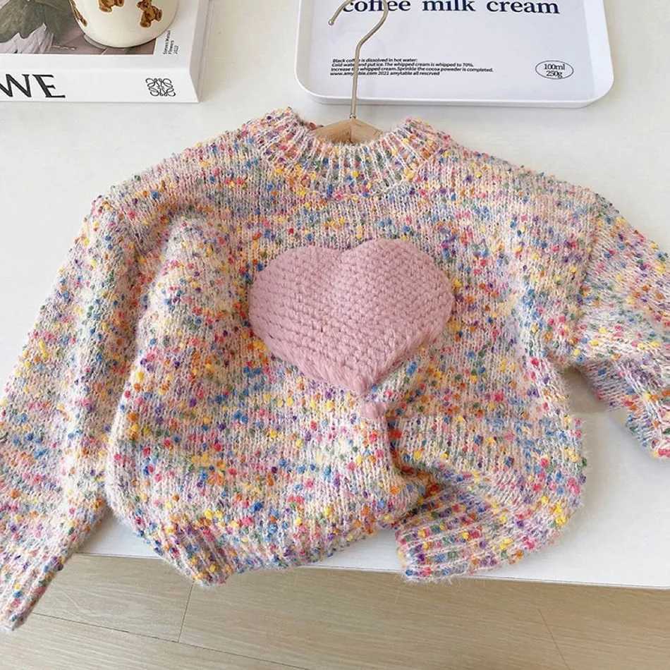 Childrens clothing for autumn and winter fashionable thick knitted pullover sweater for girls childrens 3D love top W241025