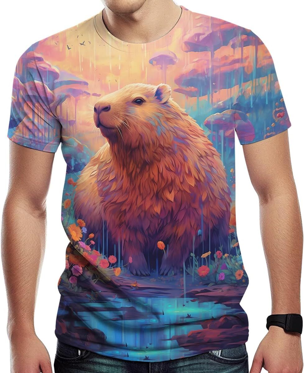 Mens T shirt Colorful 3D Capybara Cool Graphic Short Sleeve Casual Tropical Animal tee Casual tops summer clothes Hip hop trend