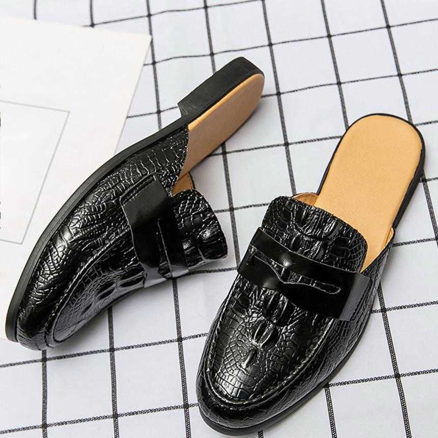 Men Dress Shoes Summer Mens Breathable Casual Shoes With Headless Half Slippers Leather Shoes British Style Crocodile Pattern Lazy Shoes Small Mens Sh