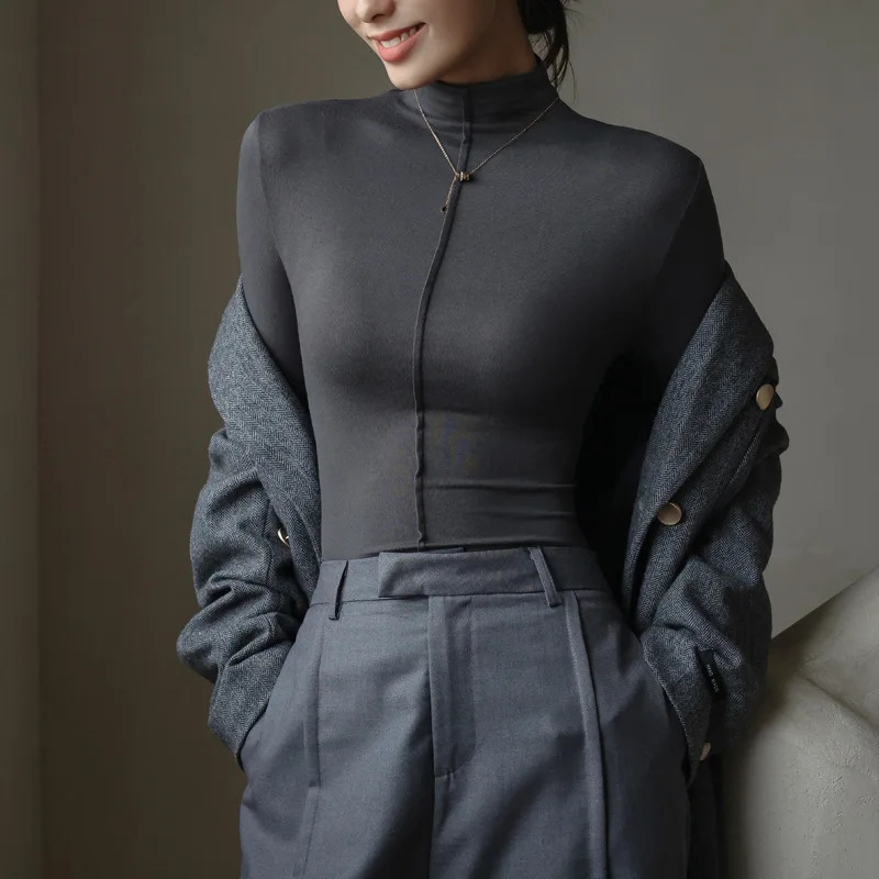 Korea Stylish Autumn Womens T-Shirts Modal Layering Base Patchwork Full Sleeve Winter Slim Elegant Tops Female Blouse C5405 241024