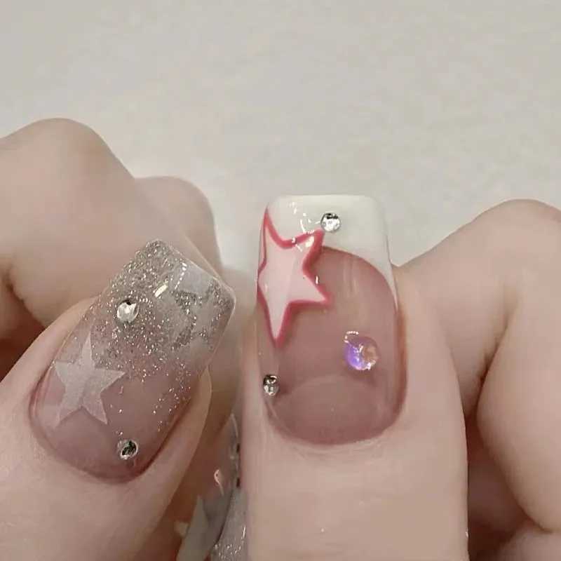 24Pcs Y2K Fake Nails Sets Medium Length Square Pink Star Designs French False Nails Glitter Sequins Press on Nails DIY ManicureXJ241025