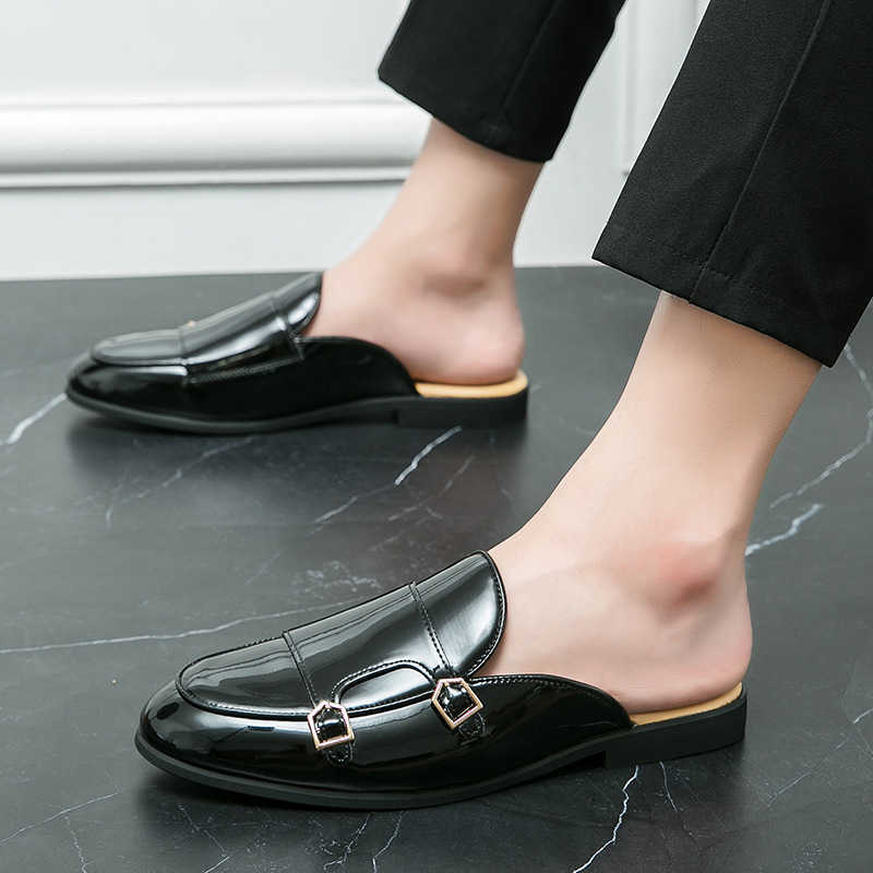 Men Dress Shoes Mens Shiny Small Leather Shoes Summer New Style Casual Shoes Hooded Half Slippers Breathable And Backless Shoes 241009