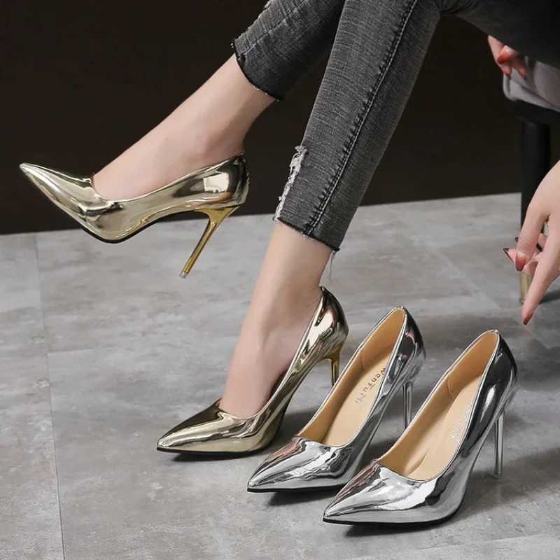 High Quality Womens Pump High Heels Sier Sexy Patent Leather Silver Shoes Womens Stiletto High Heels Fi Luxury Wedding Party Shoes Large Size T241024