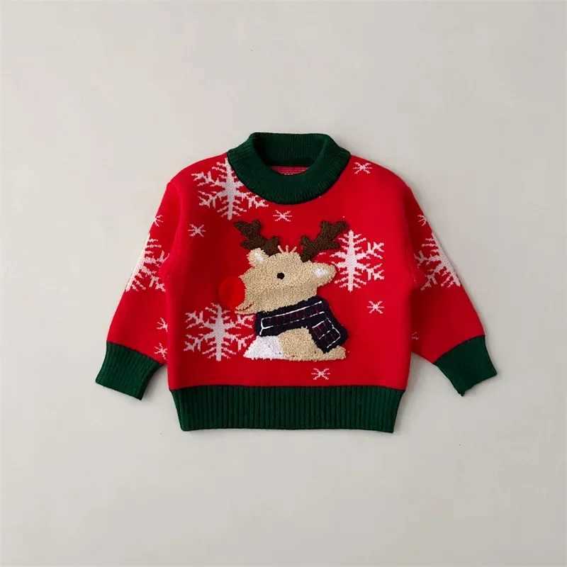 1-6 year unisex childrens Christmas knitted sweater with long sleeves reindeer embroidery latte art knitted for babies and boys W241025