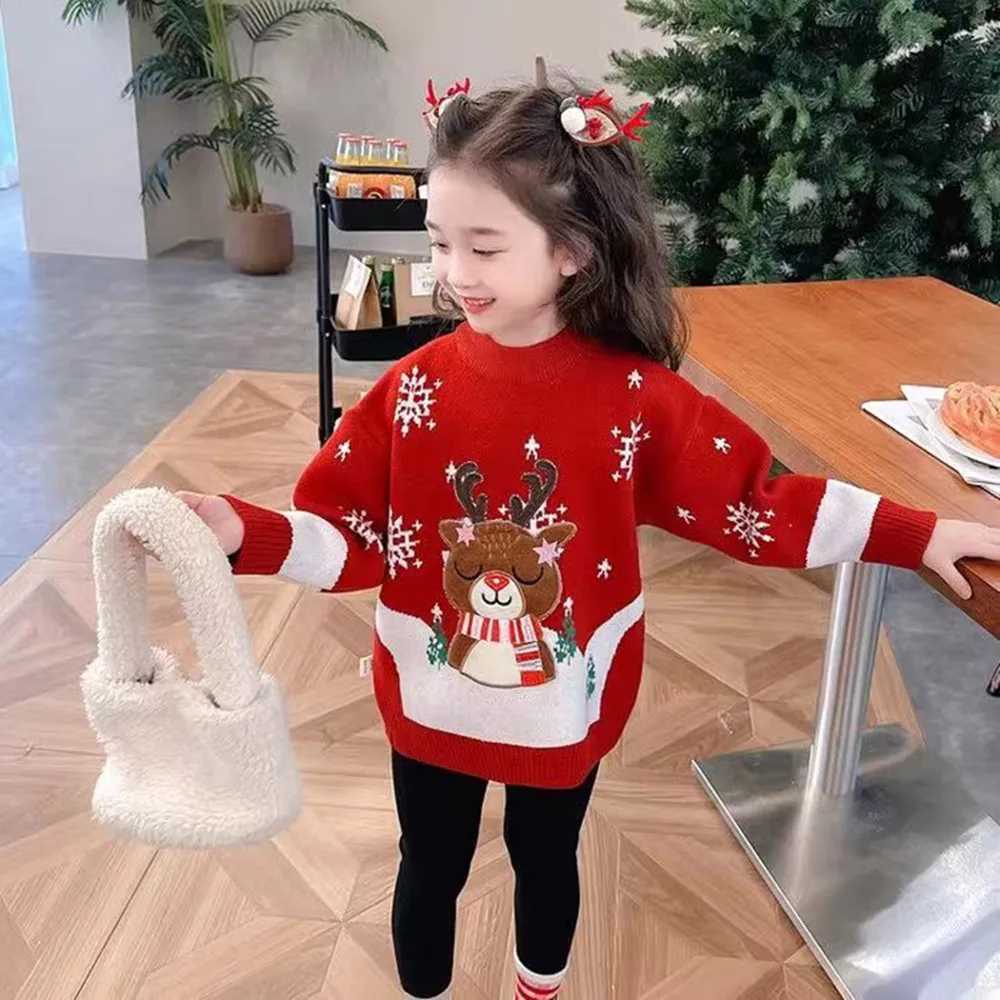 Childrens girls Christmas deer zipper sweater 2024 autumn and winter new snowflake knitted baby fashion sweater winter clothing W241025