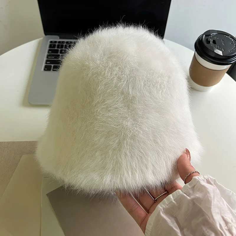 2024 New Winter Rabbit Fur Hat Womens Fashion Solid Color Bucket Cap Fishermans Hat Retro Knitted Wool Basin Bucket HatX241025