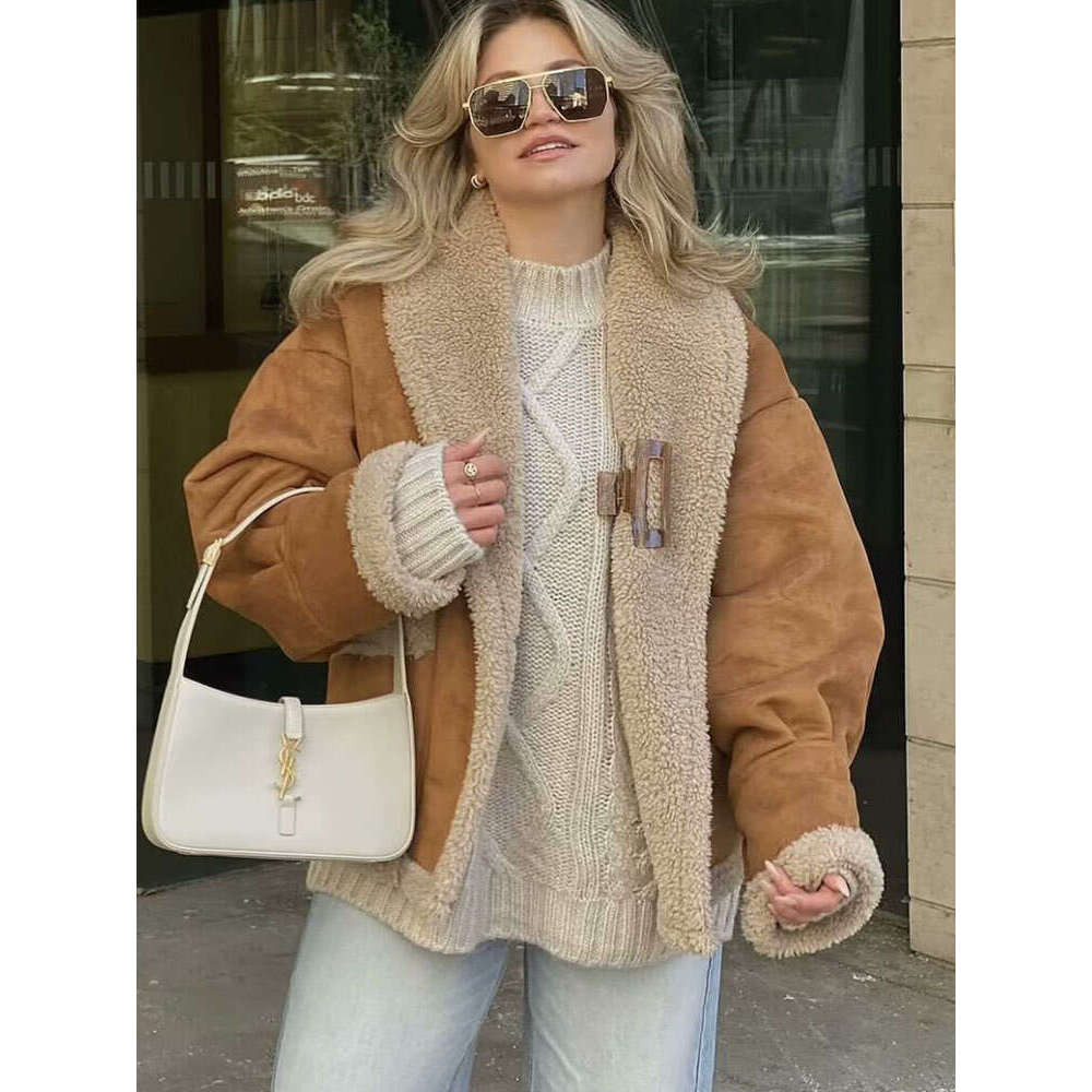 Woman Vintage Jacket Fleece Pocket Casual Long Sleeve Coat 2024 Ladies Autumn Warm Thicken High Street Elegant Outwear Chic
