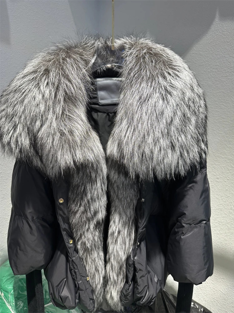 OFTBUY Duck Down Jacket Winter Womens Coat Super Large Silver Fox Fur Collar with Knitted Sleeves Fashion Coat 241024