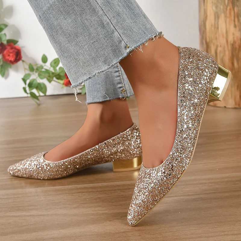 High Quality Gold Low Heels Pumps Women Spring Shiny Glitter Pointed Toe Party Shoes Womens Plus Size Simple Thin Heeled Bride Shoes T241024