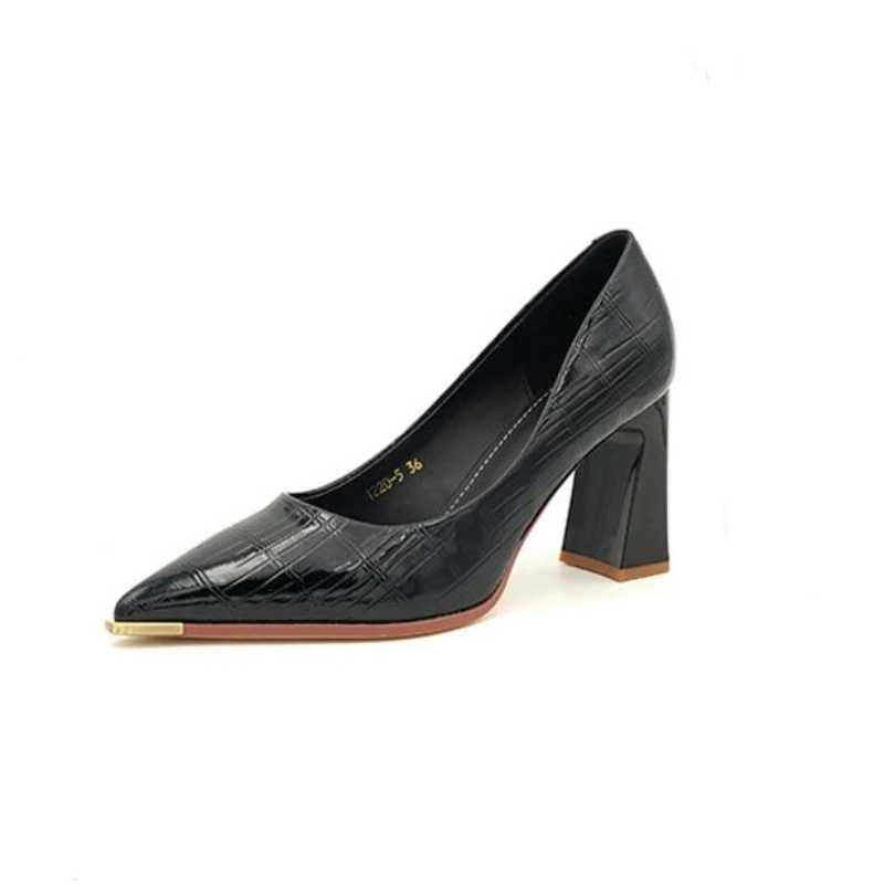 High Quality Womens Summer Shoes Block Heel Shoes Short and Fat Heel Pointed Toe Black Ultra High Regular Leather Casual Office A T241024