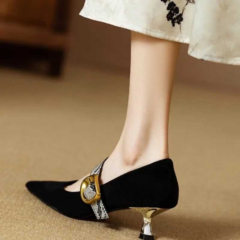 High Quality Hot selling spring/autumn womens shoes cashmere leather shoes womens Pointed toe thick high heels metal buckle womens pump T241024