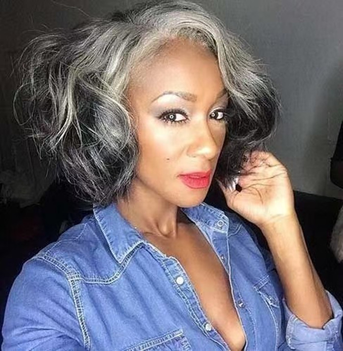 Bouncy curly silver grey salt and pepper short loose curl bob glueless real human hair wigs for women none lace 180% density full volume