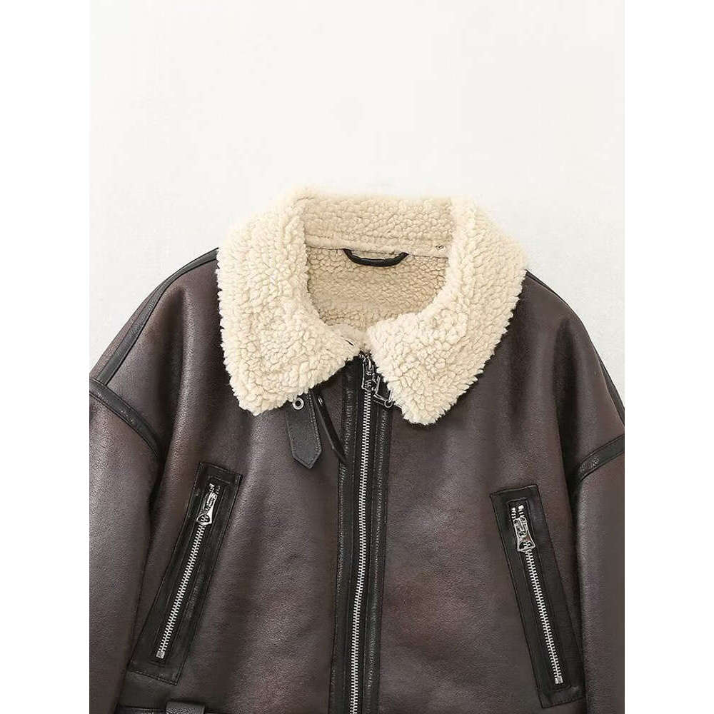 KAOPU ZA Women Faux Fur Trims Thick Warm Winter Double-Faced Biker Jacket Coat Vintage Long Sleeve Female Outerwear Chic Tops