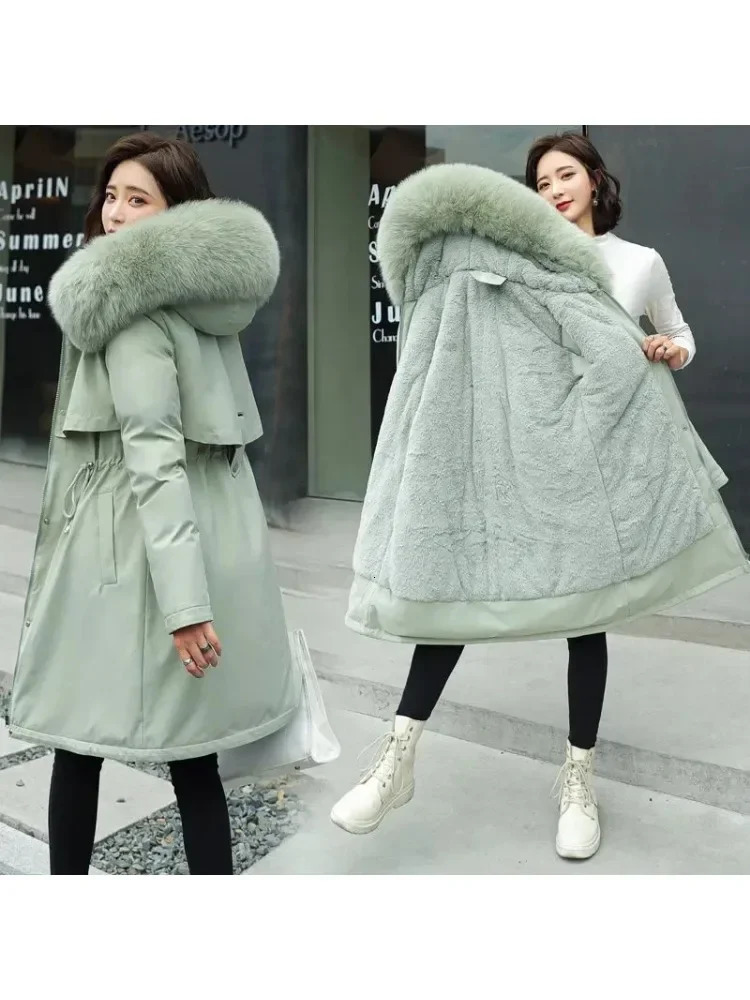 Winter Jacket 2025 Women Parka Clothes Long Coat Wool Liner Hooded Fur Collar Thick Warm Snow Wear Fashion 241021