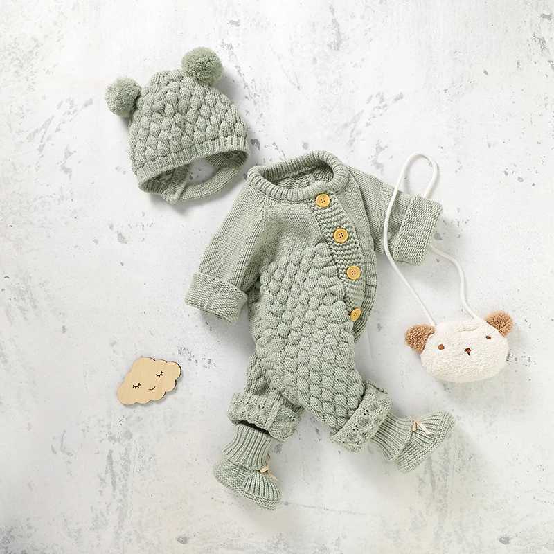 Newborn Baby Romper Shoes Gloves Set Knit Girl Boy Jumpsuit Boot Mitten Solid Toddler Infant Long Sleeve Clothing 4PC Fall 0-18MXJ241025