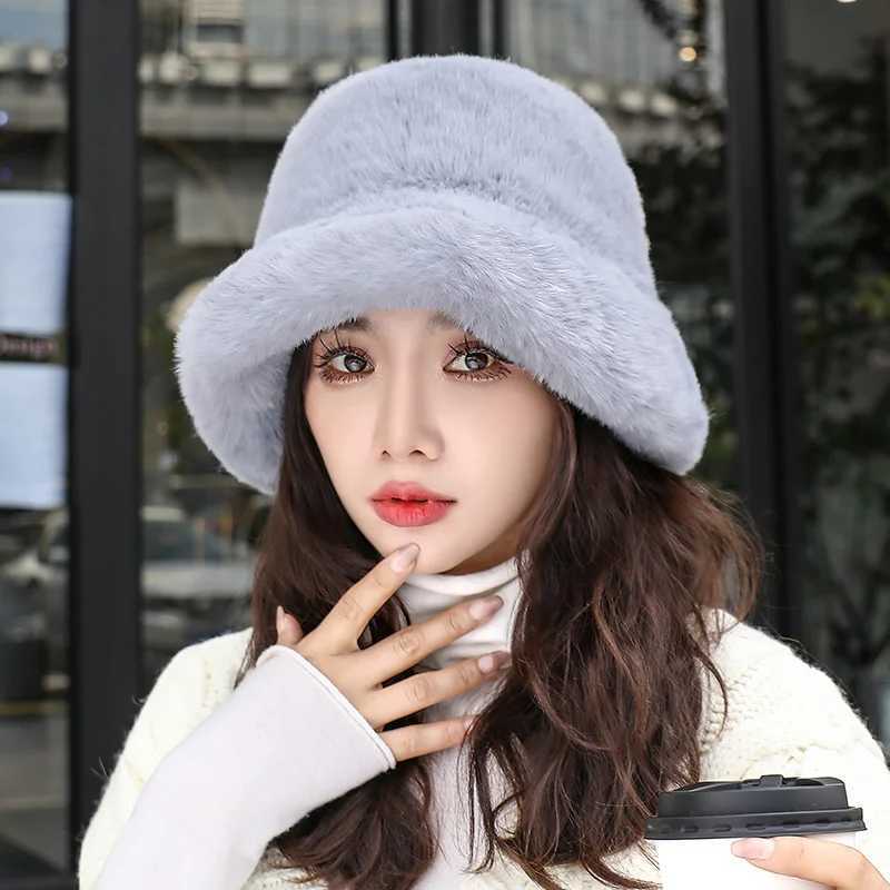 Hat Fluffy Faux Fur Bucket Women Cap Rabbit Fur Warm Thick Plush Winter Leopard Hat Lady Y2k Luxury Fashion Party Fisherman CapX241025