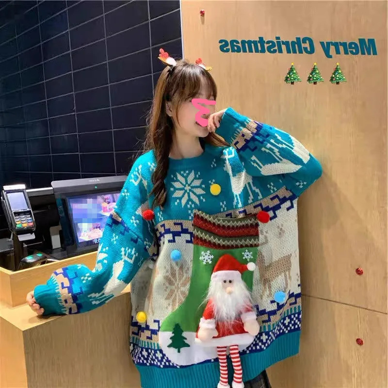 Autumn Large size ONeck Christmas Sweater Women Casual Long Sleeve Knitted Top Winter with Ugly kawaii Pullover Ju 241021