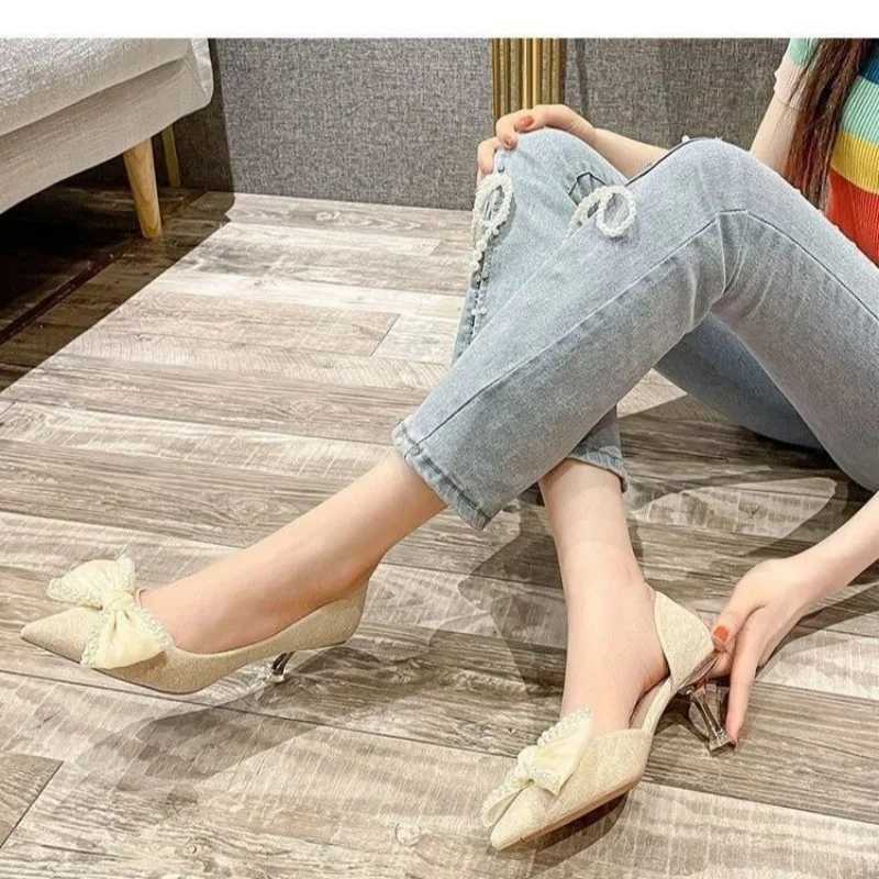 High Quality Womens High Heels Spring/Summer New Hollow Girl Dot Pearl Bow Stiletto High Heels Party Single Shoes Womens Pump Sandals T241024
