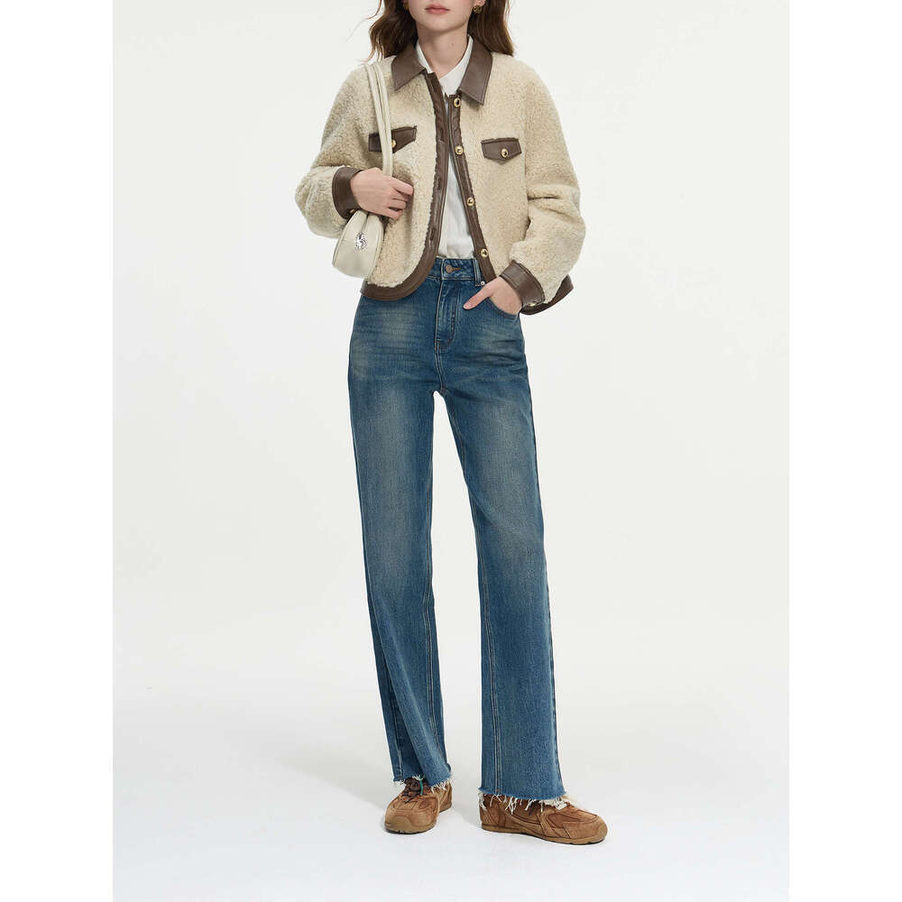 FSLE Office Lady Color Blocking Lapel Imitation Lamb Faux Fur One-Piece Short Jacket For Women's Winter 2024 New 24Fs14601