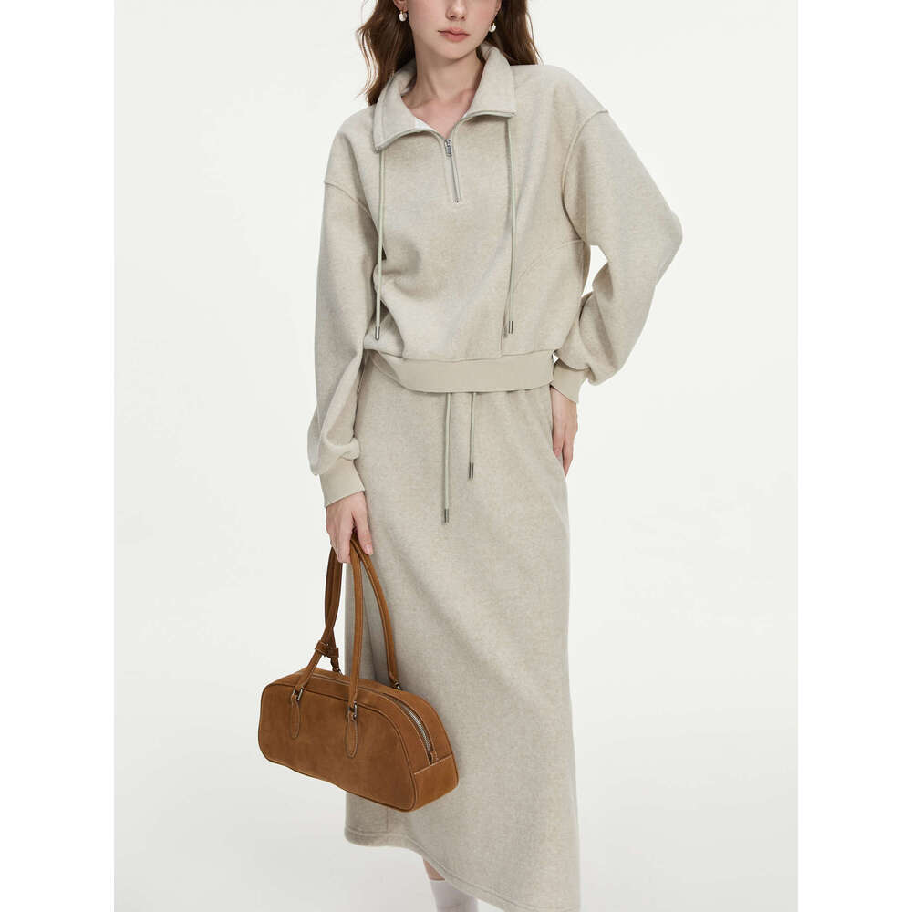 FSLE Sweatshirt Set Winter Thick Grey Commuter Sweatshirts Elastic Waist Long Spilt A-E Women Skirt 24Fs14491+24Fs14492