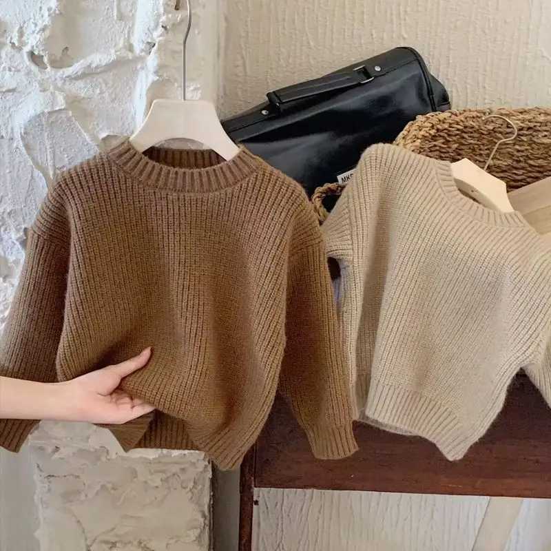 Korean style childrens sweater knitted and pulled 2024 autumn and winter new half round neck boys sweater 2-6Y girls bottom top W241025