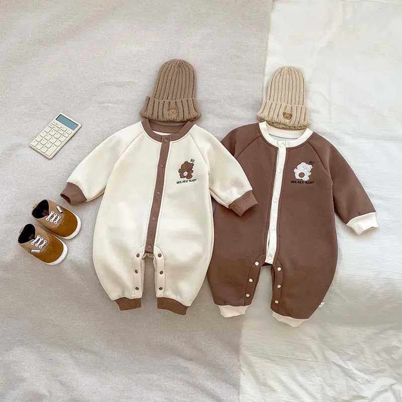 Baby Newborn Rompers Bear Embroidery Jumpsuit Super Cute Boys Plus Velvet Crler Suit Infant Autumn Winter Clothes 2024XJ241025