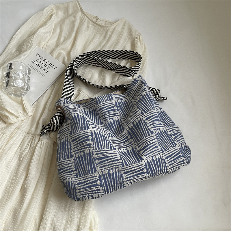 Shoulder Bags Women's Fashion Armpit Bag Canvas Bag Mori Canvas Geometric Stripe Shoulder Bag Work Commuter Bag Large Capacity Totes Women's