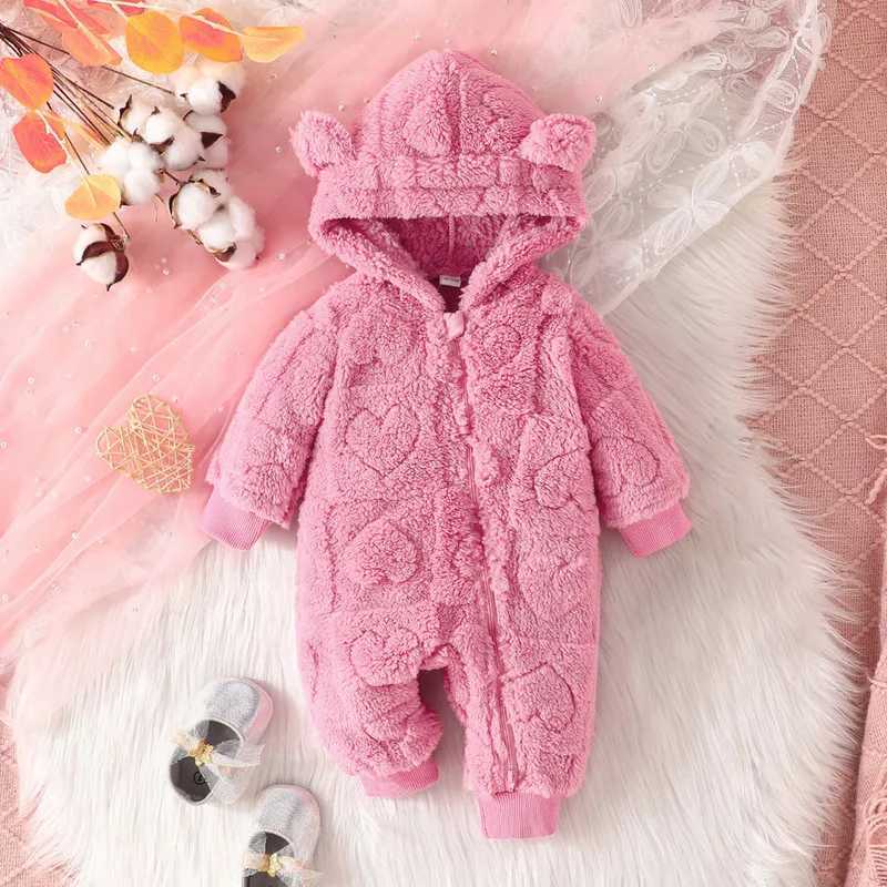 RUEWEY 0 to 18 Months Baby Girls Romper Winter Clothes Solid Color Plush Hooded Long Sleeve Jumpsuits for Newborn InfantXJ241025