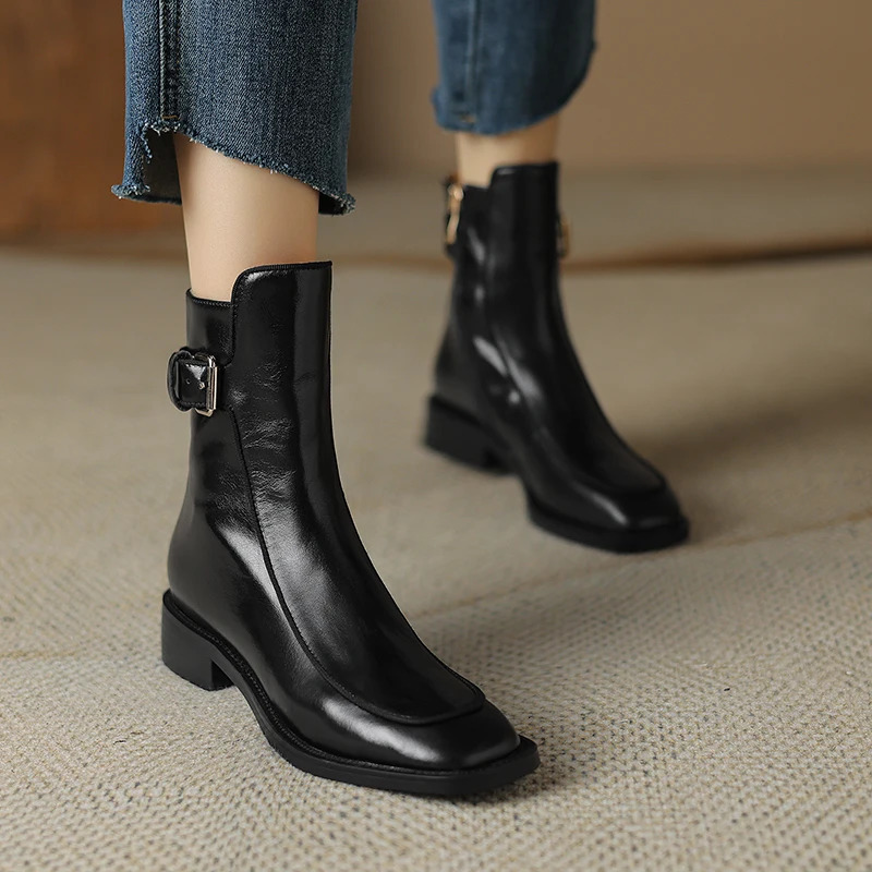 autumn womens boots square toe low heel womens shoes genuine leather retro brown ankle boots block retro leather boots 250225