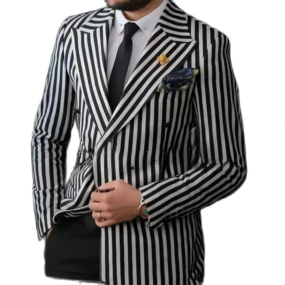 Mens Suits Double Breasted Lapel Blazer Black and White Stripe Elegant 2 Pieces Tailor Made Jacket Pants Slim Fit 241025