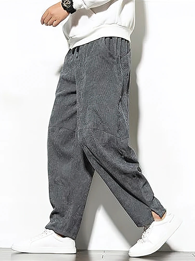 Vintage Corduroy Casual Pants Men Baggy Wide Leg Tech Fleece Sweatpants Autumn Winter AnkleLength Walking Harem Trousers Male 241021