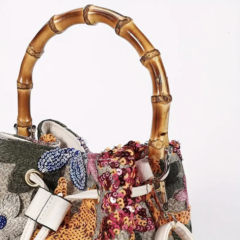 Fashion Sequin Embroidery Bucket Bags Baboom Handle Women Handbags Flower Straw Shoulder Crossbody Sumer Beach Tote Bag 241021