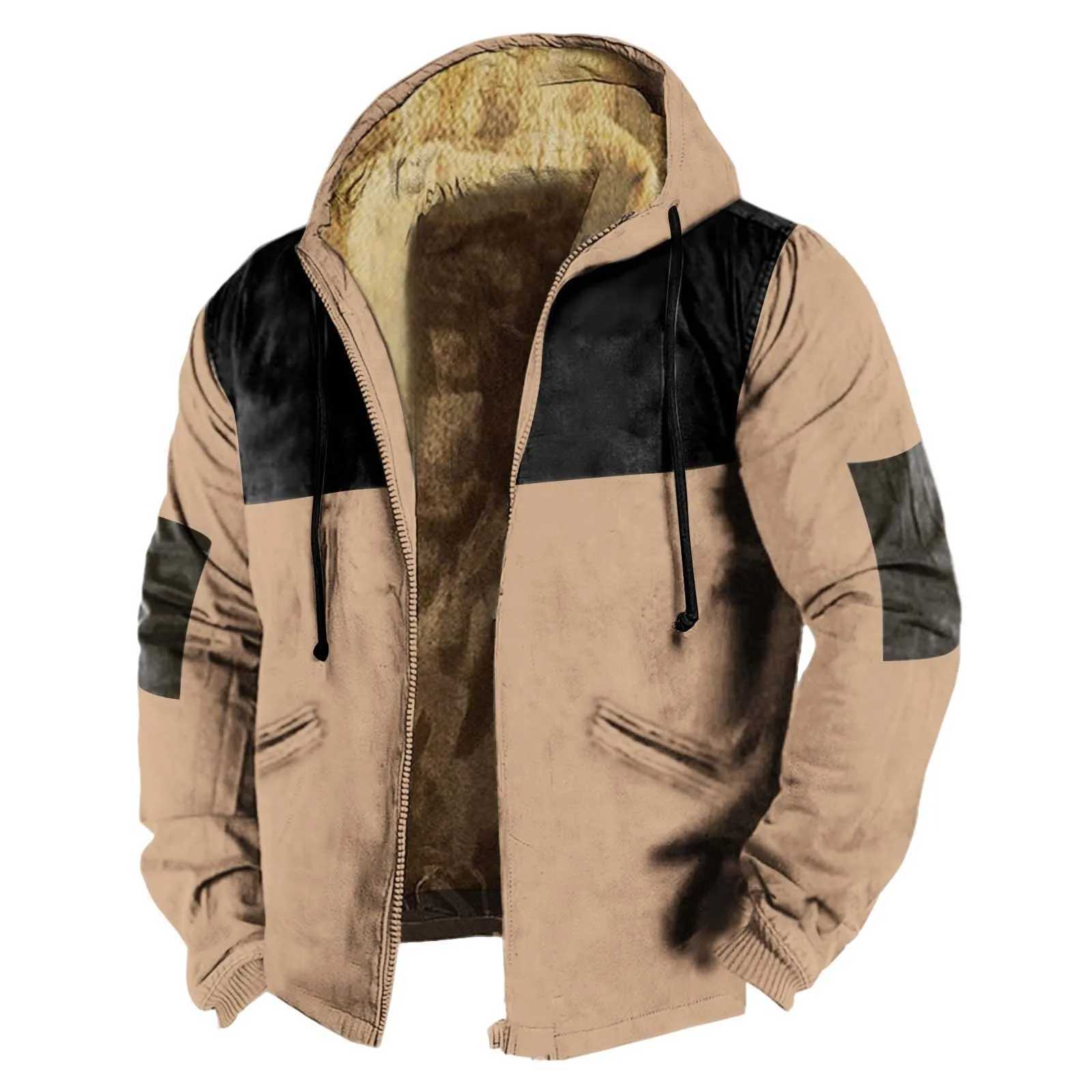 Mens full zipper plush thick warm hooded jacket mens spliced color Ramsworth lined street fashion hooded jacket winter new style W241024