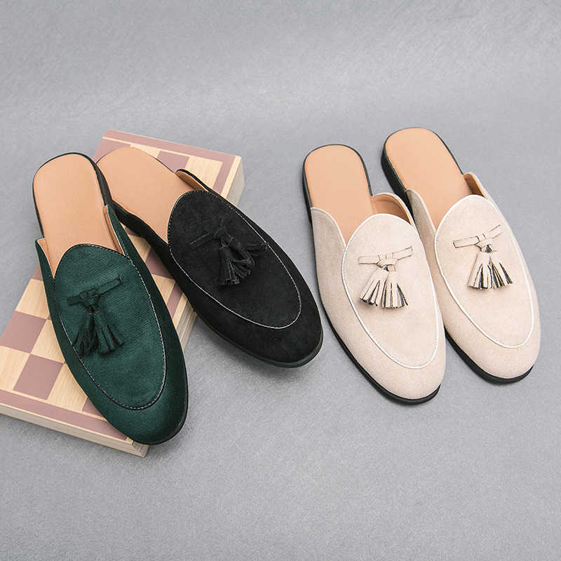 Men Dress Shoes Summer Half Dragged Small Leather Shoes Breathable Mens Tassel Casual Shoes One Step Lazy Shoes Korean Edition Cool 241009