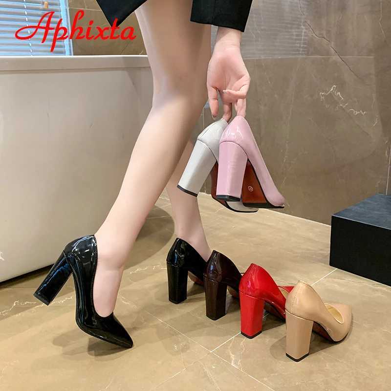 High Quality Aphixta New 10cm Square High Heels Pump Womens Shoes Patent Leather Sexy Wedding Party Official Casual Super Size Szie 31-50 T241024