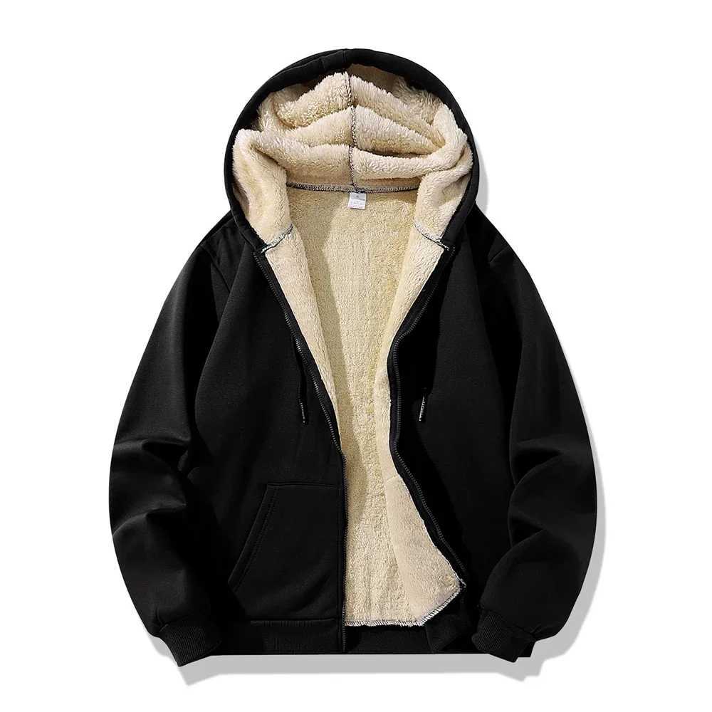 Winter warm zipper hooded sweatshirt Lambswool solid color sports casual jacket outerwear mens loose hot sweater W241024