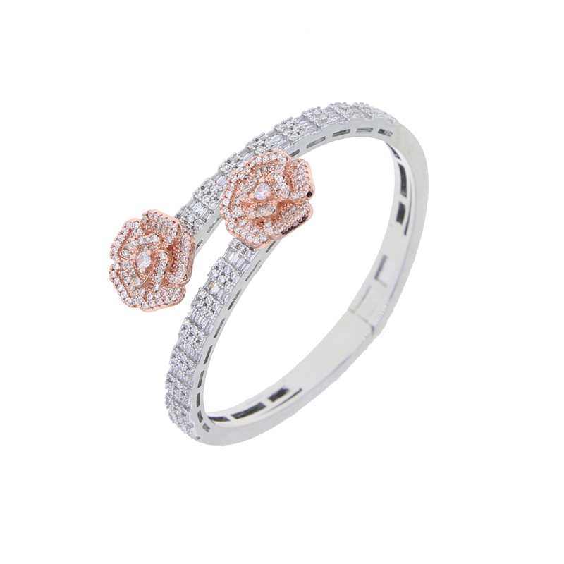 Fashion Flower Cubic Zircon Charm Bracelet Bling Cz Paved Iced Out Opened Rose Bangle for Men Women Hip Hop Luxury Jewelry