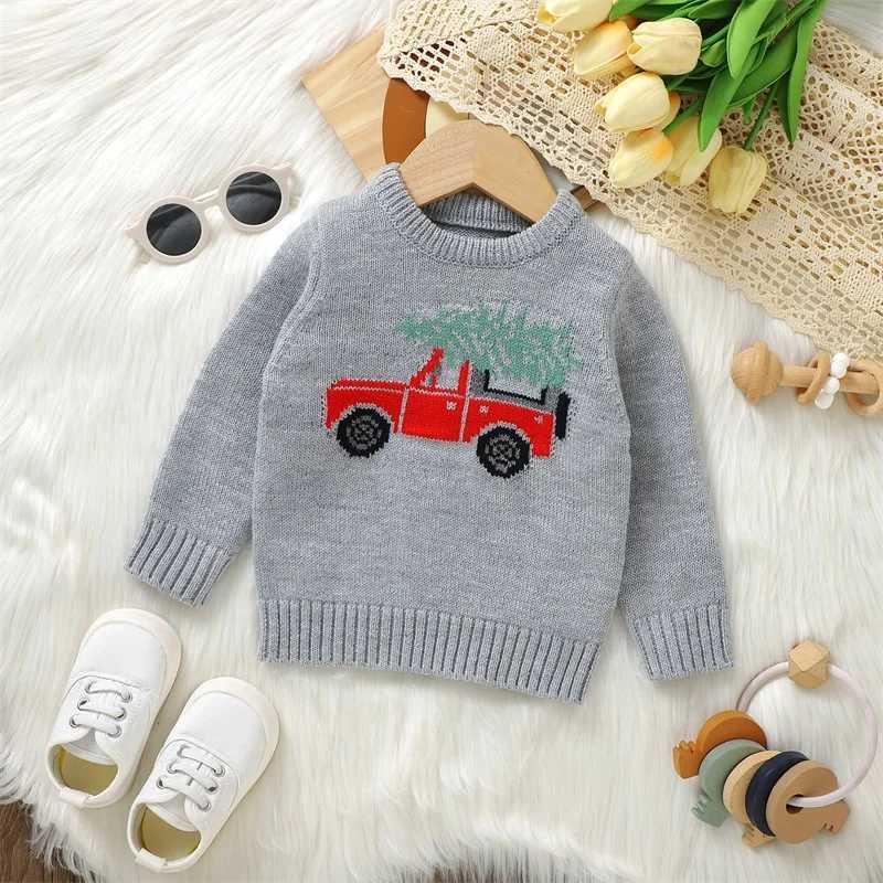 Winter Baby Christmas Sweater Long Sleeve Round Neck Red Truck Printed Knitted Pullover Top for Preschool Girls and Boys Sweater 0-3Y W241025