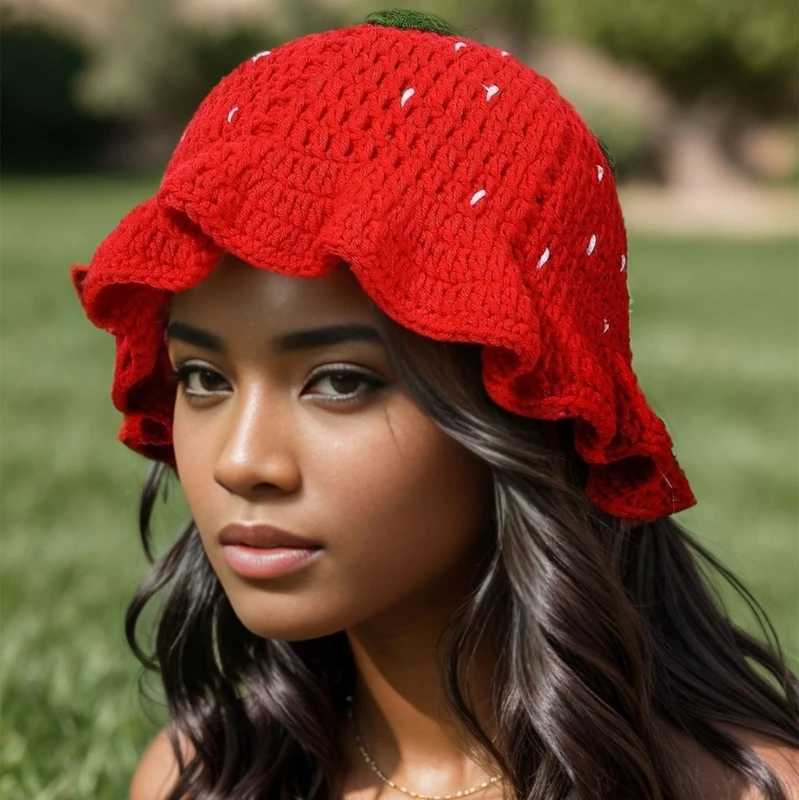 Handmade Fisherman Hat Handwoven Strawberry Crocheted Hat for Music FestivalX241025