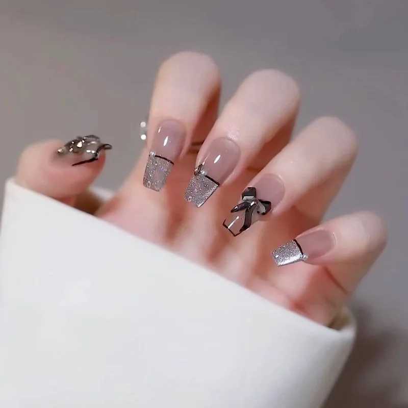 24Pcs Short Square False Nails with Jelly Adhesive Glitter Gradient Design Detachable Fake Fingernails Full Cover Press on NailsXJ2410