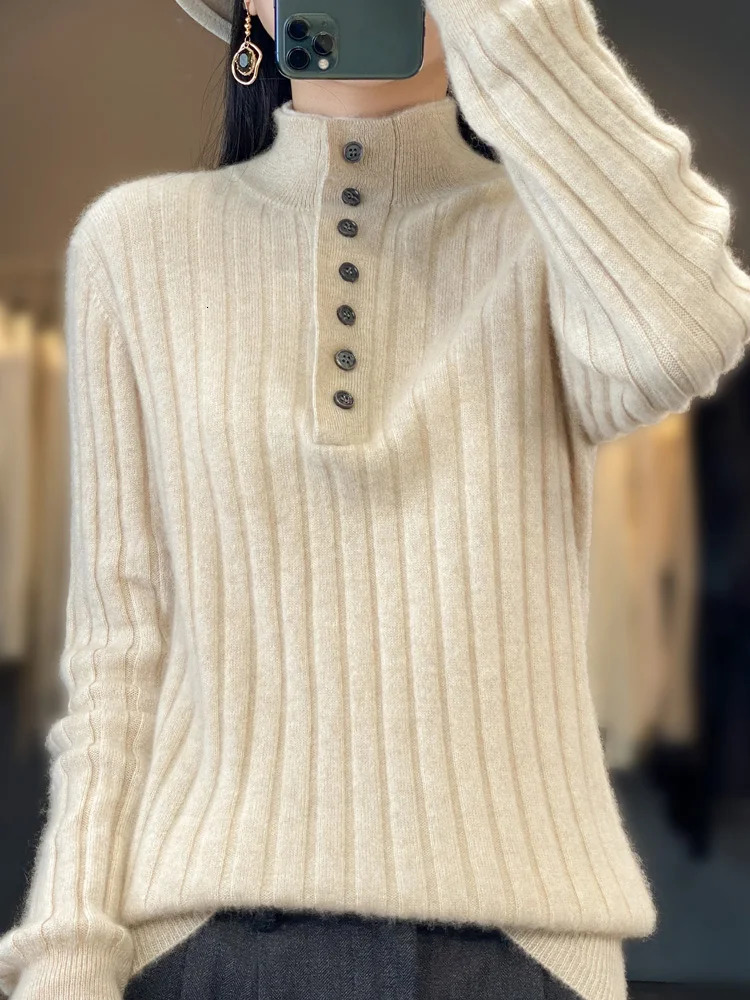 High Quality Women Autumn Winter Casual Turndown Collar Pullover Cashmere Sweater 100% Merino Wool Knitwear Clothing Tops 241021