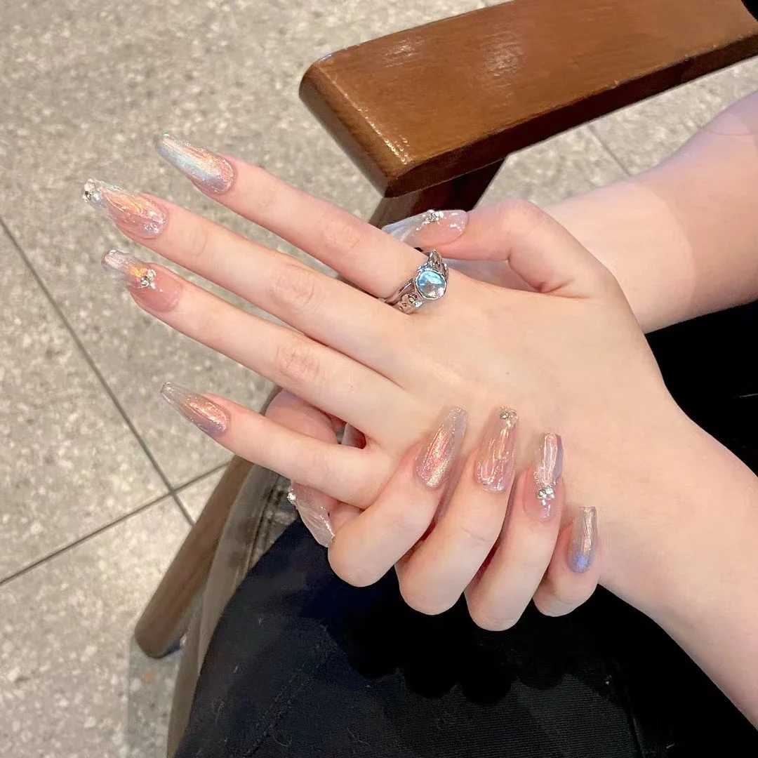 10Pcs Aurora Handmade False Nails with Jelly Glue Long Almond Fake Nail Art Shell Design Press on Nails Full Cover Manicure TipsXJ2410