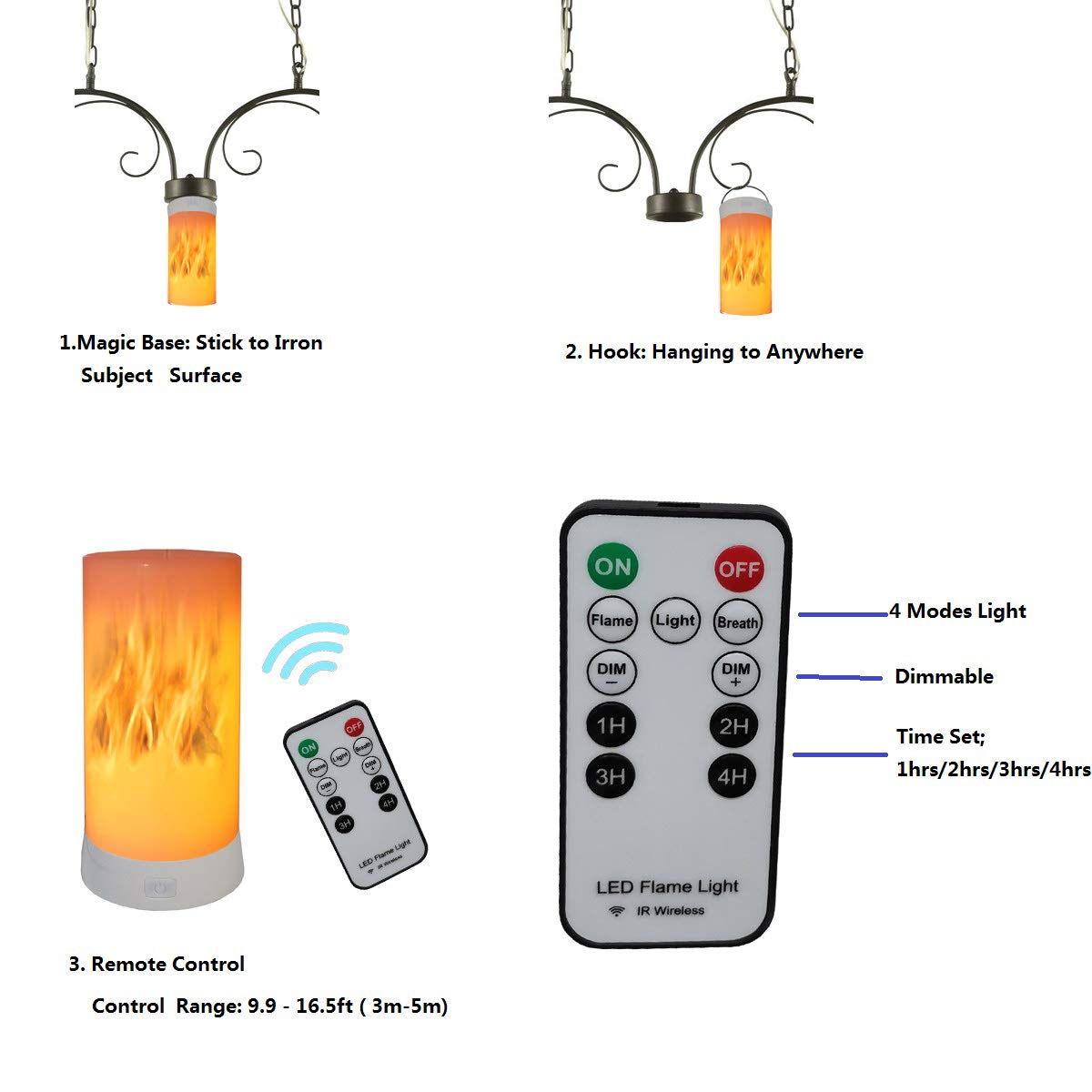 Led Flame Effect Light USB Rechargeable Flameless Candle 4 Modes Remoted Flameless for Halloween Christmas Party Bar Decor Birthday Gift