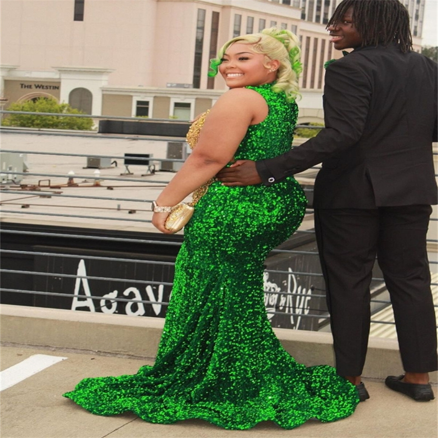 Large Size Green And Gold Prom Dresses 2025 Luxury Full Sequin Beaded Crystal Mermaid Evening Dress South African Formal Party Vestios De Fiesta Birth