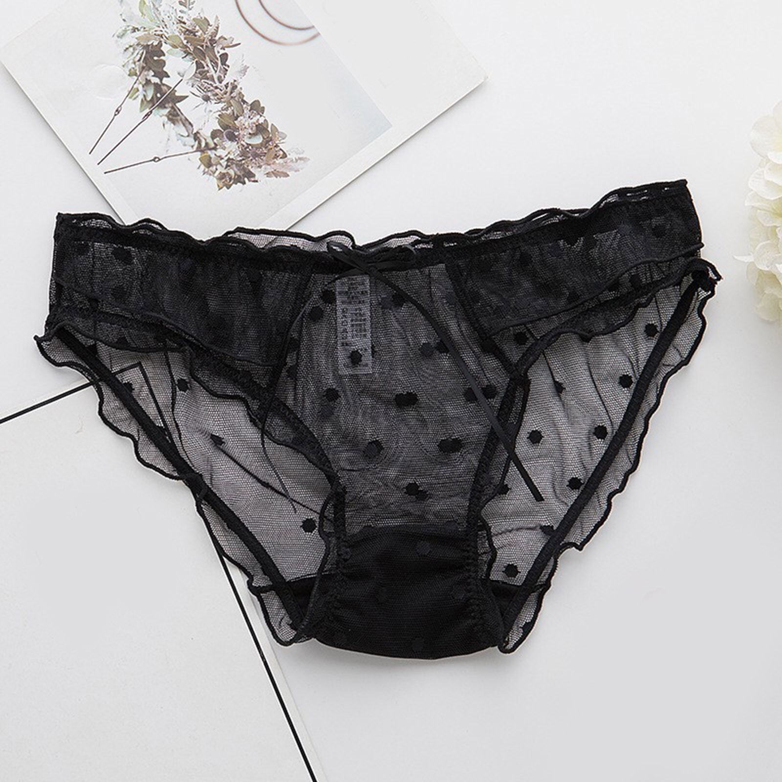 2025 New designer polka dot lace mesh fringe underwear low waist trend breathable underwear plain women s color