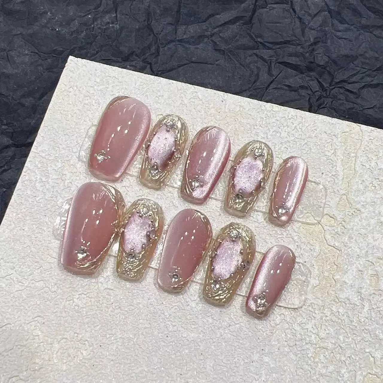 10pcs Cat Eyes Magic Mirror Pink Press On Nails Short Ballet Removeable Manicure Full Cover Long False Nail With Glue Fake NailXJ241025
