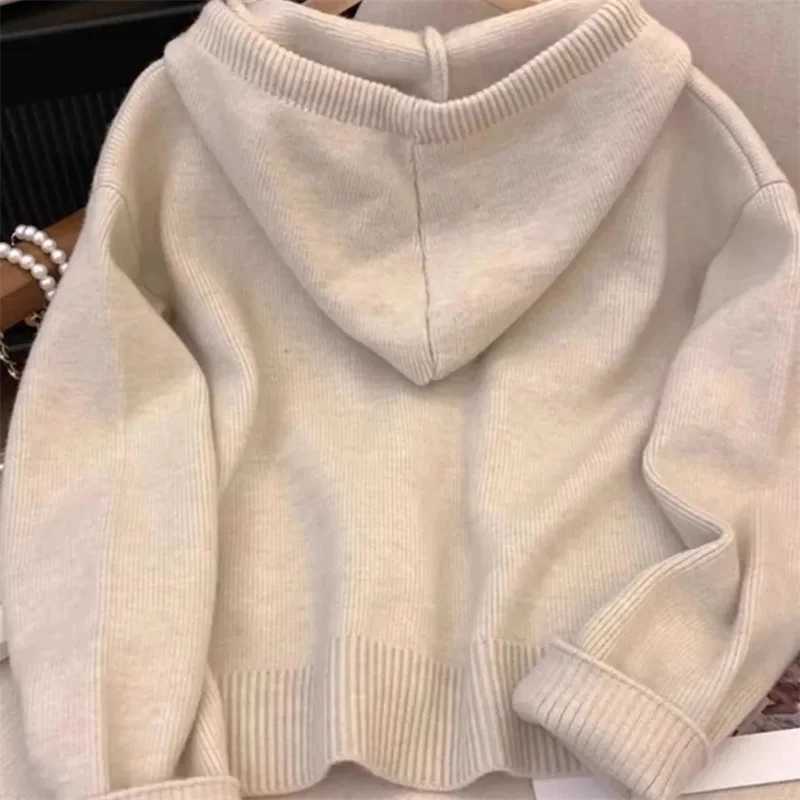 Spring and Autumn womens hooded sweater cardigan top 2024 womens loose zipper knitted jacket womens fashionable long sleeved jacket W241024