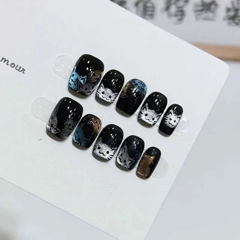 10pcs Handmade Black Cat Eye Cute Cat False Nails with Glue Fake Nails Artificial Charms Press on Nails with Full Set ToolsXJ241025