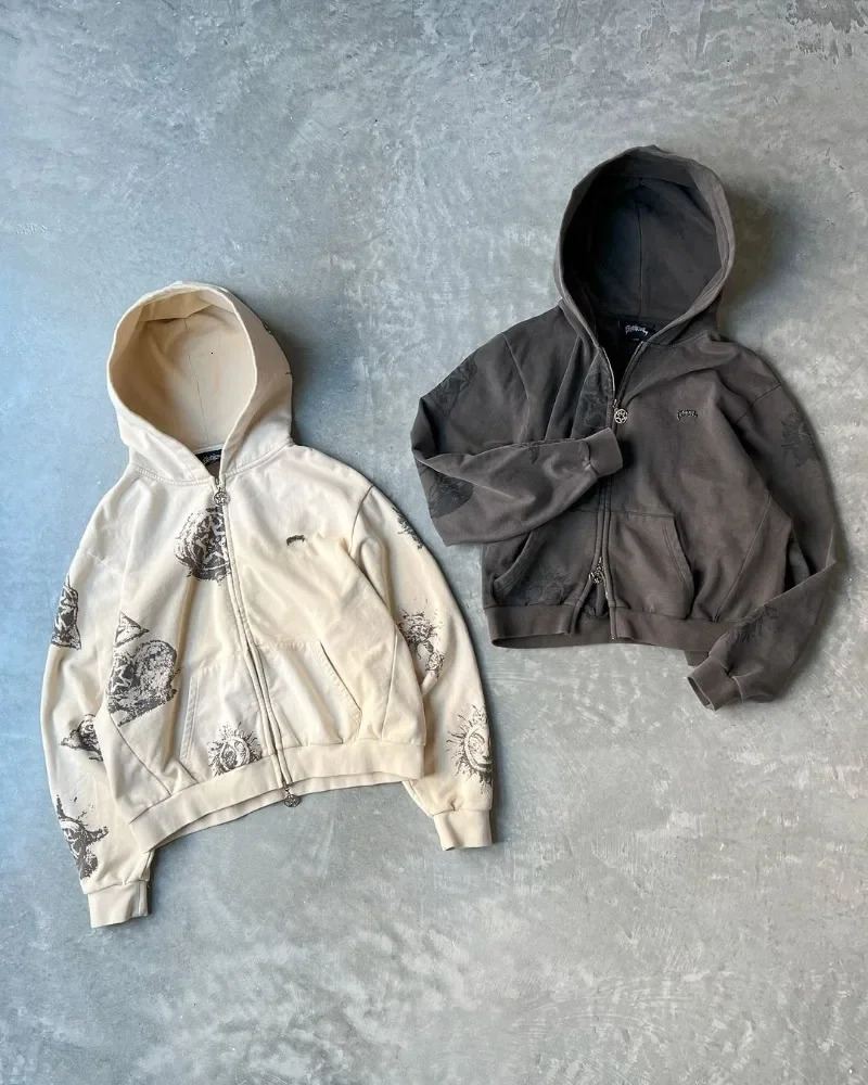 Cartoon Print Fashion High Street Retro Versatile Zipper Hoodie Men Y2k Harajuku Goth Punk Hip Hop Rock Oversized Sweatshirt 241021